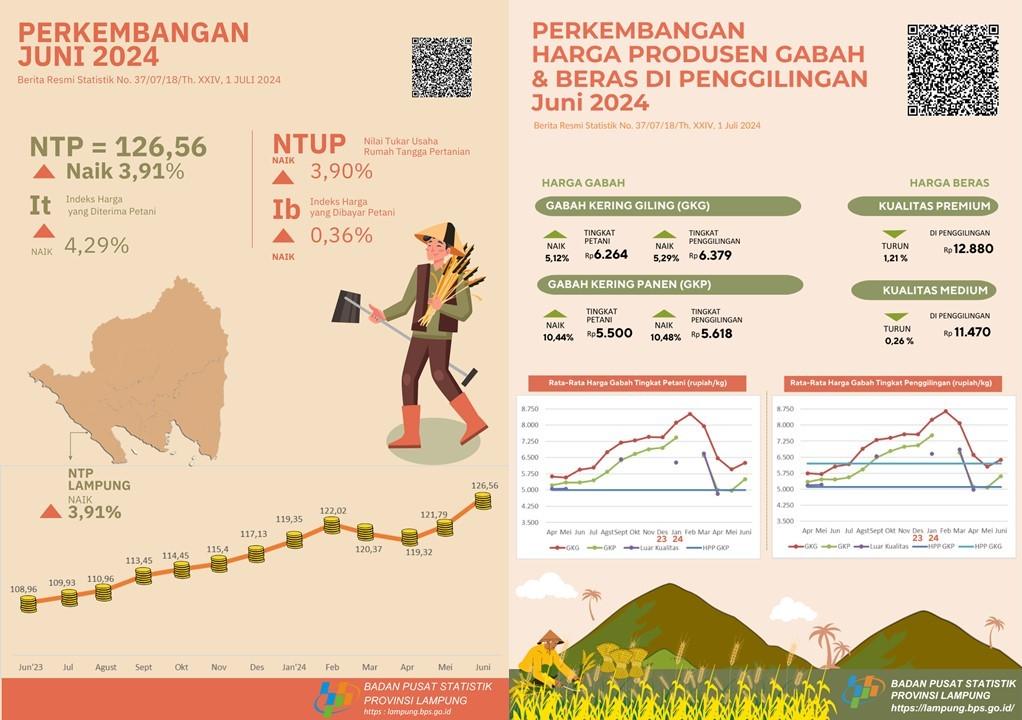 Lampung Province's NTP in June 2024 was 126,56 or an increase of 3,91 percent GKG prices at farmer level rose 5,12 percent and premium rice prices at mills decrease 1,21 percent